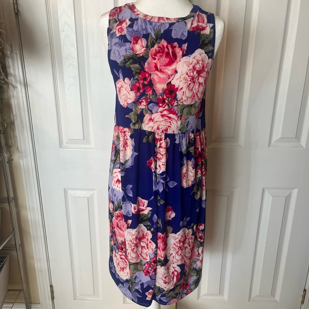 Floral Sleeveless Dress - Blue and Pink